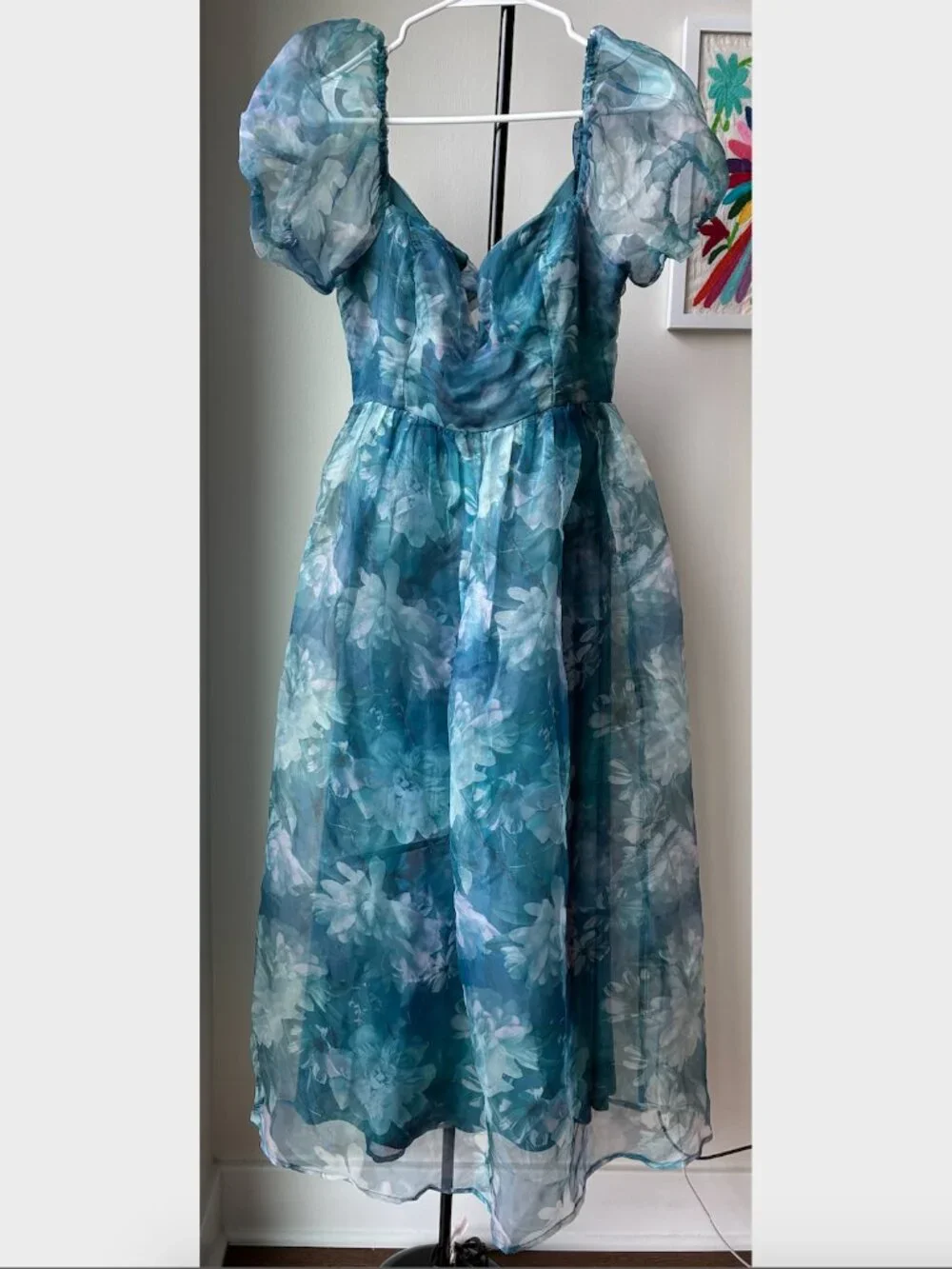 Lulus Lovely Statement Teal Blue Floral Organza Tie-Back Midi Dress - Size M - Picture 5 of 16